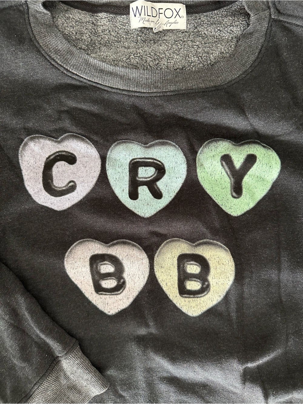 Wildfox Heathered Black Roadtrip Sweatshirt with Pastel Heart 'CRY BB' Graphic - Picture 2 of 3